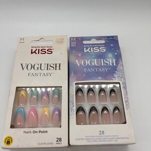 Kiss Press On Nails Voguish Fantasy Medium Almond Pastel Black Glitter 2pk